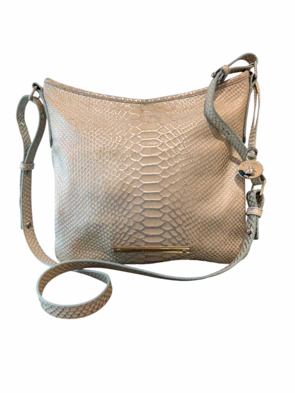 Brahmin Katie Crossbody Snakeskin Embossed Cream and Silver Leather